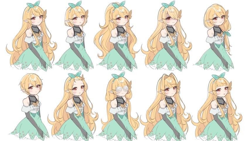 1girl, alternate_hairstyle, black_gloves, blonde_hair, coke-bottle_glasses, elbow_gloves, forehead, glasses