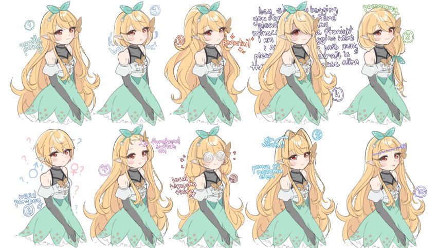 1girl, alternate_hairstyle, black_gloves, blonde_hair, coke-bottle_glasses, commentary, elbow_gloves, english_commentary, english_text, forehead, glasses, gloves, green_ribbon, green_skirt, hair_behind_ear, hair_intakes, hair_over_one_eye, hair_ribbon, high-waist_skirt, highres, kimi_ga_nozomu_eien, long_hair, mairu_(amamamamamairu), mars_symbol, nijisanji, nijisanji_en, one_eye_covered, otaku, parody, pointy_ears, pomu_rainpuff, pomu_rainpuff_(1st_costume), ponytail, ribbon, shaded_face, short_hair, skirt, smile, sparkle, style_parody, title_parody, variations, venus_symbol, very_long_hair, virtual_youtuber, white_background, yandere