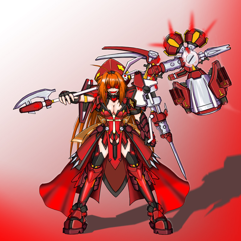 00s, 1girl, aged_up, alternate_costume, alternate_weapon, bastard_(entasis), breasts, cleavage, dark_persona, female_focus, graf_eisen, huge_weapon, large_breasts, lyrical_nanoha, mahou_shoujo_lyrical_nanoha, mahou_shoujo_lyrical_nanoha_strikers, red_eyes, solo, thighhighs, vita_(nanoha), weapon, zettai_ryouiki