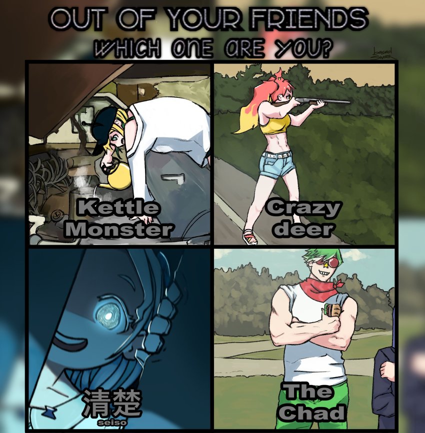 1boy, 3girls, :d, aiming, amano_pikamee, artist_name, baseball_cap, basedshark, bent_over, black_headwear, blonde_hair, blue_eyes, blue_shorts, collarbone, commentary, creepy_eyes, cropped_shirt, crossed_arms, daimonji_ryugon, english_commentary, english_text, food, from_side, full_body, glowing, glowing_eyes, green_hair, green_pants, grin, gun, gyari_(bird), haneuzu_miuneru, hat, highres, hikasa_tomoshika, holding, holding_food, holding_gun, holding_kettle, holding_weapon, kettle, looking_at_viewer, meme, midriff, motor_vehicle, multicolored_hair, multiple_girls, muscular, muscular_male, navel, off-shoulder_shirt, off_shoulder, open_car_hood, open_mouth, opening_door, outdoors, pants, photo-referenced, pouring, red_hair, red_scarf, round_teeth, sandals, sandwiched, scarf, shirt, short_hair, shorts, shotgun, signature, smile, sunglasses, teeth, toned, truck, twintails, two-tone_hair, virtual_youtuber, voms, weapon, white_shirt, yellow_eyes, yellow_shirt, zoom_layer