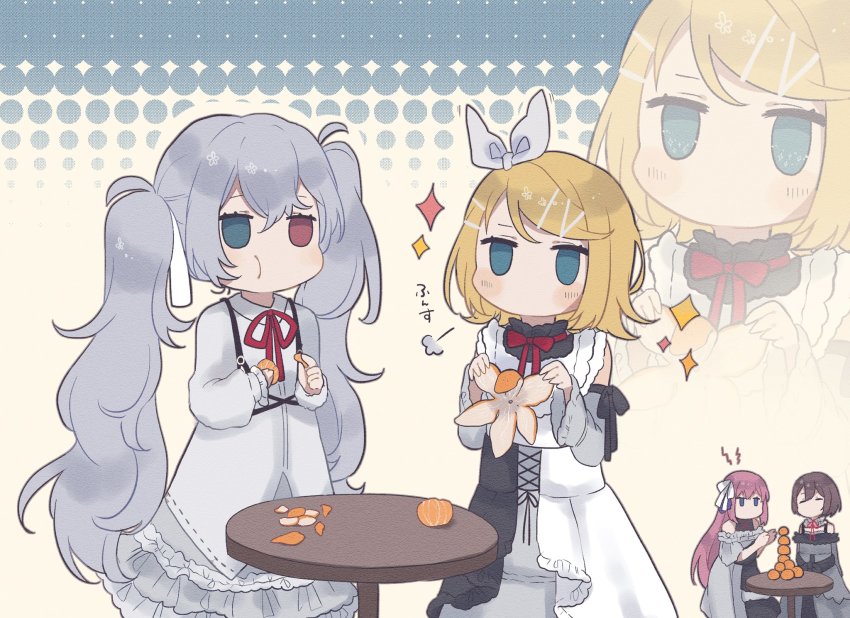 25-ji_luka, 25-ji_meiko, 25-ji_miku, 25-ji_rin, 4girls, puff_of_air, aomidori_(em_em37), aqua_eyes