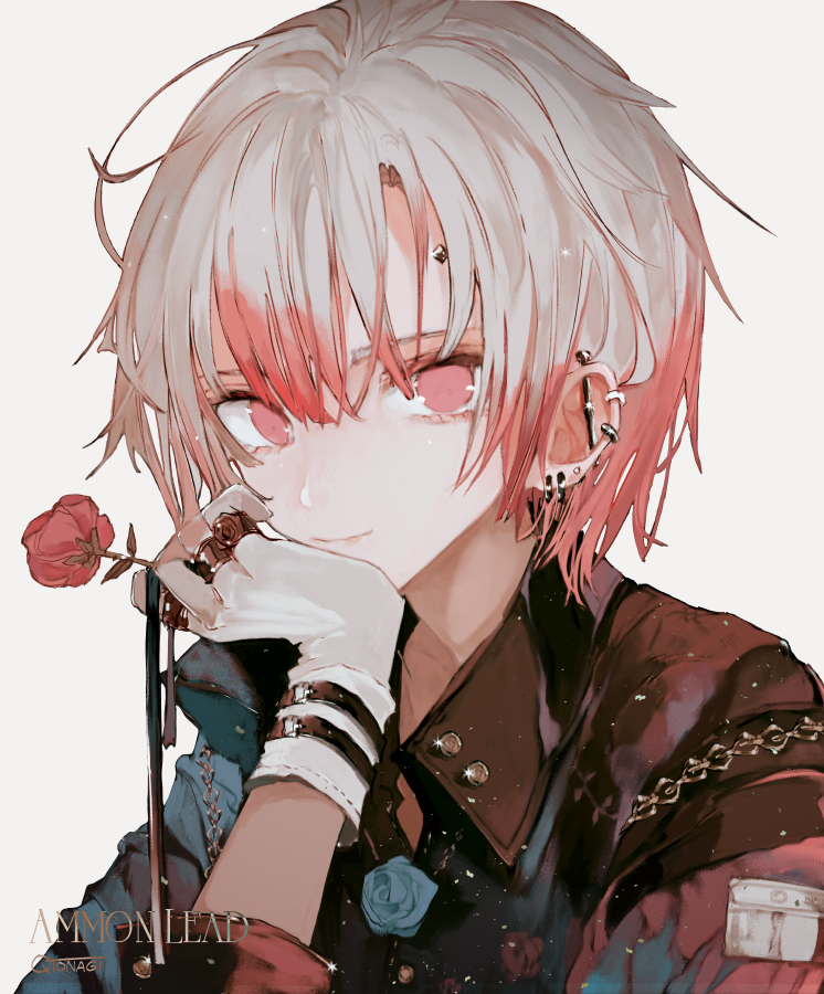 1boy, ammon_lead, androgynous, between_fingers, closed_mouth, commentary_request, devil_butler_with_black_cat, ear_piercing, flower, gloves, gradient_hair, grey_background, hair_between_eyes, hand_on_own_chin, head_rest, holding, jewelry, light_brown_hair, looking_at_viewer, multicolored_hair, official_art, piercing, pink_hair, qtonagi, red_eyes, red_flower, red_rose, ring, rose, short_hair, simple_background, smile, solo, upper_body, white_gloves