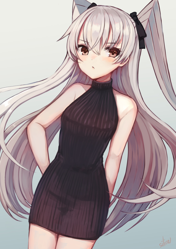 1girl, alternate_costume, amatsukaze_(kancolle), artist_name, black_dress, blush, brown_eyes, cowboy_shot