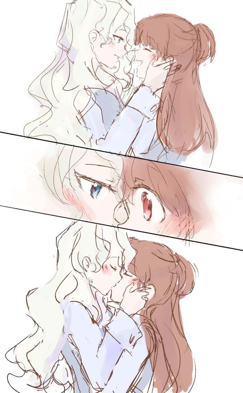 blonde_hair, blue_eyes, blush, brown_hair, comic, couple, diana_cavendish, eliln, closed_eyes, happy, highres, kagari_atsuko, kiss, little_witch_academia, long_hair, looking_at_another, red_eyes, sketch, smile, wavy_hair, white_background, yuri