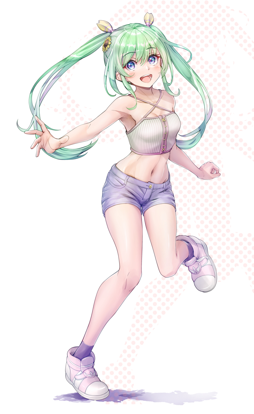 1girl, :d, absurdres, ankle_socks, armpits, bare_shoulders, blue_eyes, blush