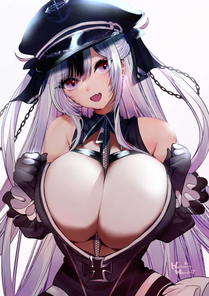 1girl, alternate_breast_size_(larger), artist_name, azur_lane, bare_shoulders, between_breasts, black_dress, black_gloves