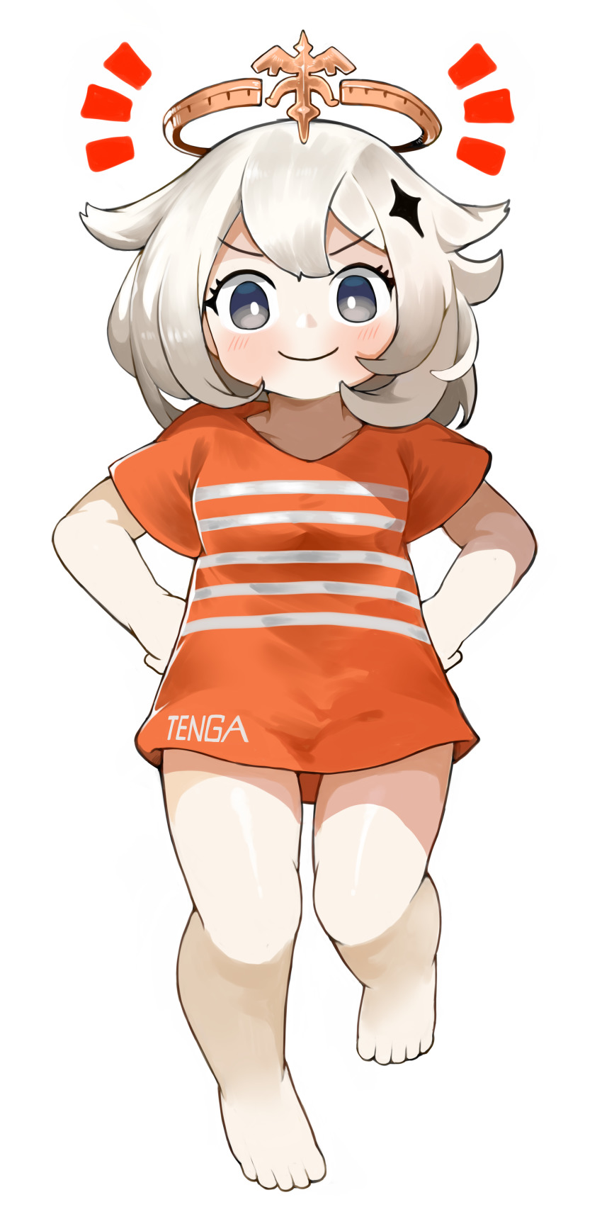 >:), 1girl, absurdres, barefoot, blue_eyes, blush, breasts, bright_pupils