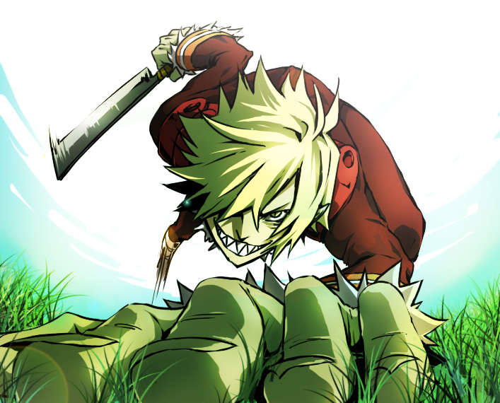 00s, 1boy, blonde_hair, fangs, foreshortening, grin, hair_over_one_eye, male_focus, oversized_limbs, pointy_ears, short_hair, smile, solo, tengen_toppa_gurren_lagann, viral_(ttgl), wato_samirika, weapon