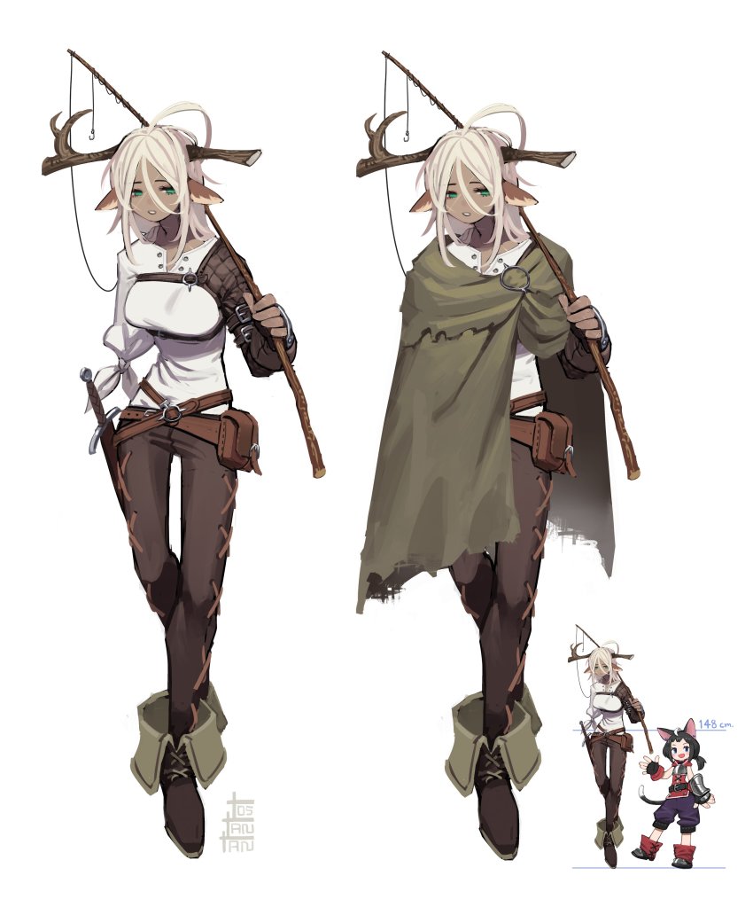 2girls, absurdres, amputee, animal_ears, antlers, belt, belt_pouch, boots, broken_antler, reference_sheet, cloak, commentary, cross-laced_clothes, dark-skinned_female, dark_skin, deer_antlers, deer_ears, english_commentary, fantasy, fishing_rod, full_body, green_eyes, height_difference, highres, hook, horns, hunched_over, multiple_girls, original, parted_lips, platinum_blonde_hair, pouch, scar, shirt, signature, sword, tall_female, tostantan, weapon, white_background, white_shirt