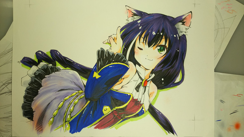 1girl, animal_ear_fluff, animal_ears, bare_shoulders, blush, detached_sleeves, dress, green_eyes, highres, karyl_(princess_connect!), kurosaki_mairi, long_hair, long_sleeves, looking_at_viewer, one_eye_closed, princess_connect!, purple_hair, simple_background, smile, solo, traditional_media