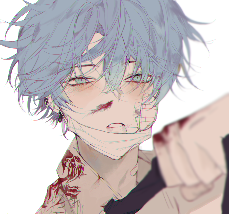 1boy, bad_id, bad_pixiv_id, bandages, bandaid, blood, blood_on_face, blood_splatter, blue_eyes, blue_hair, ear_piercing, looking_at_viewer, male_focus, mask, masteroasis54, mouth_mask, nosebleed, original, pale_skin, piercing