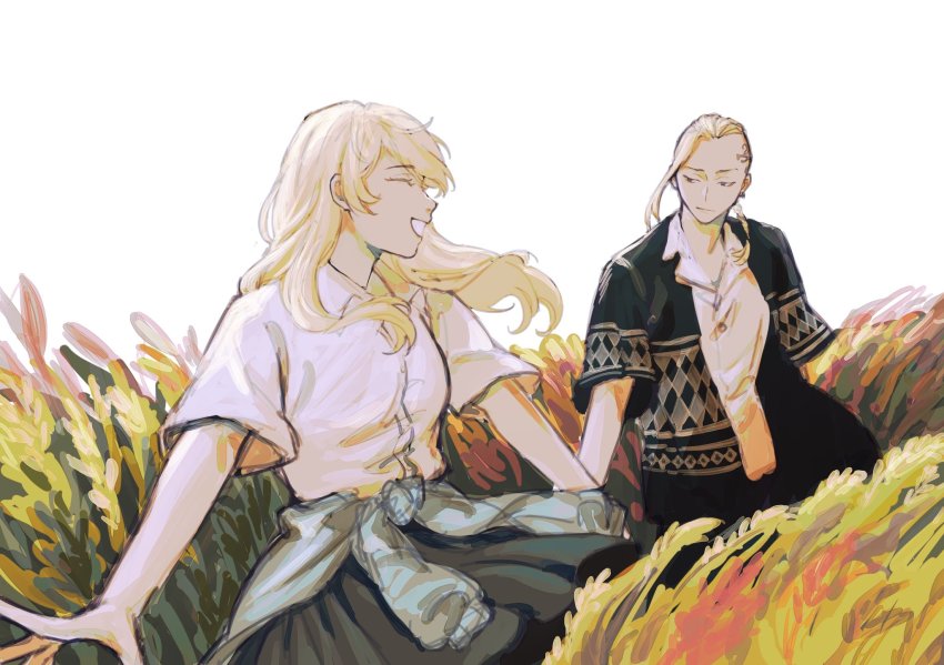 1boy, 1girl, ^_^, black_pants, black_skirt, blonde_hair, blue_jacket, braid