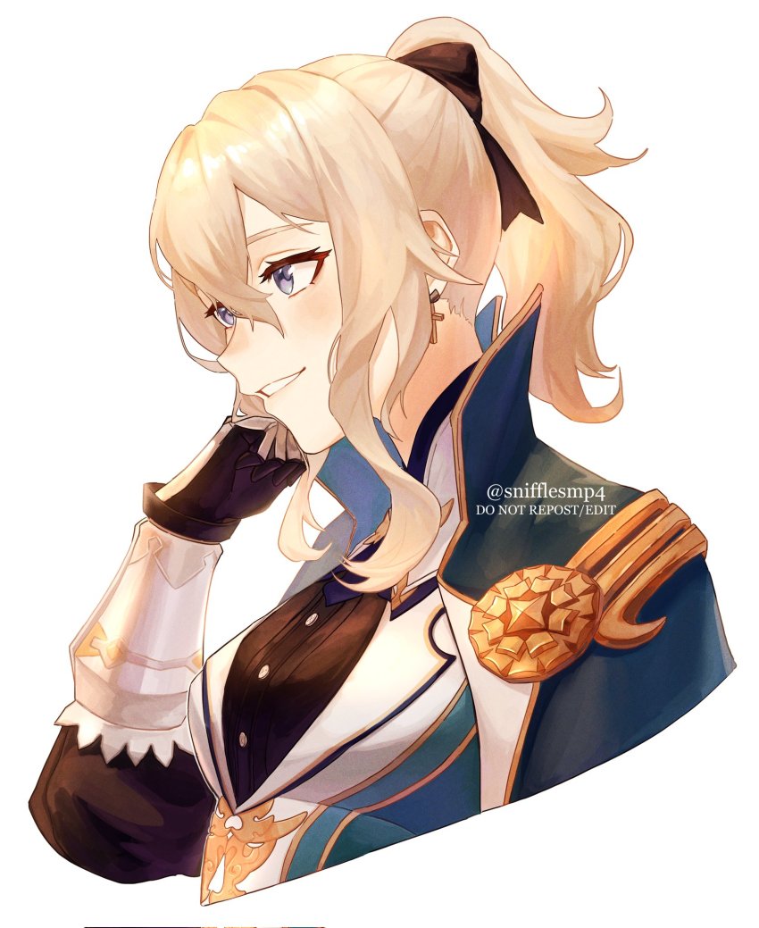 1girl, arm_up, black_gloves, black_ribbon, black_shirt, blonde_hair, blue_capelet, blue_eyes