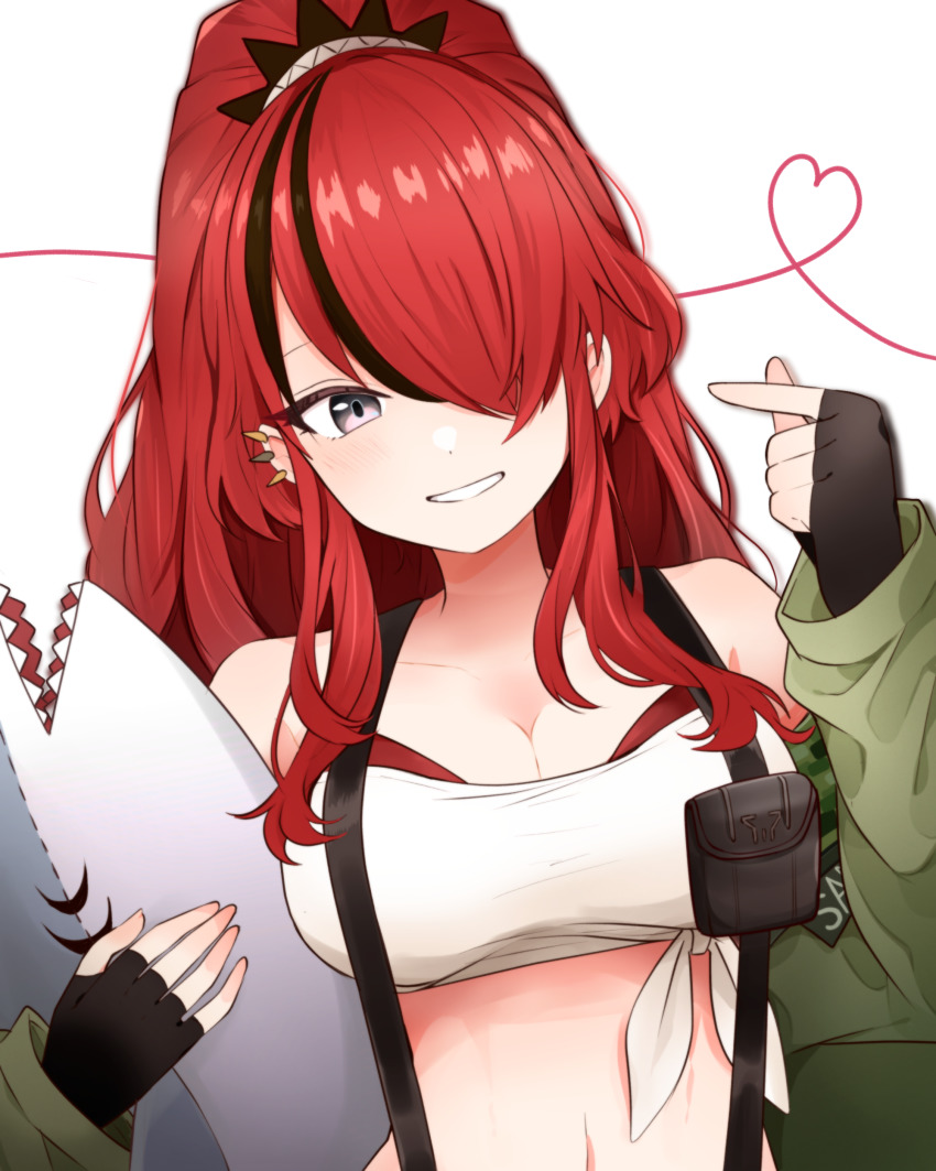 1girl, absurdres, bandeau, bare_shoulders, black_gloves, black_hair, breasts, cleavage