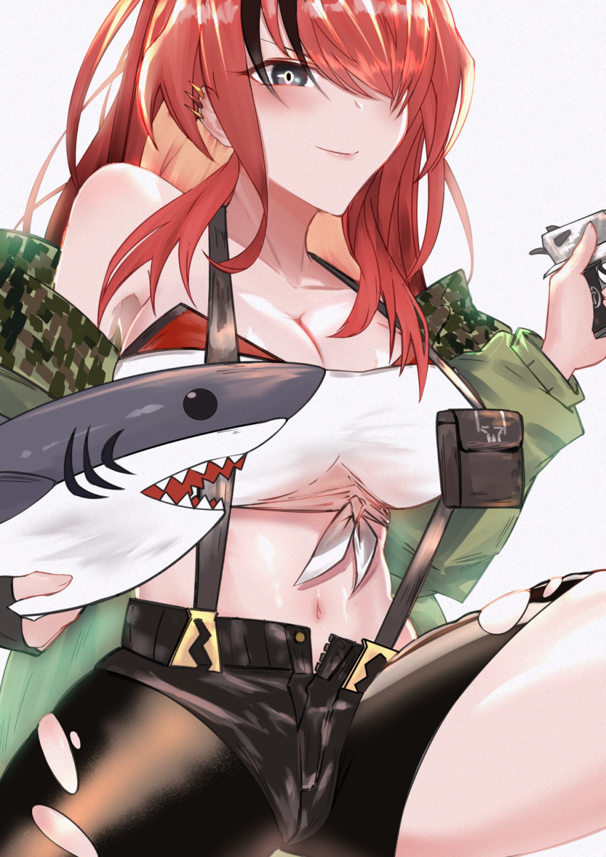 1girl, bandeau, bare_shoulders, black_gloves, black_hair, black_shorts, blush, breasts, cleavage, commentary_request, ear_piercing, fingerless_gloves, gloves, green_jacket, grey_background, hachimaki_(hatimaki888), hair_over_one_eye, highres, holding, holding_stuffed_toy, jacket, lain_paterson, lain_paterson_(1st_costume), large_breasts, long_hair, long_sleeves, midriff, multicolored_hair, navel, nijisanji, off_shoulder, open_clothes, open_fly, open_jacket, partial_commentary, piercing, pouch, purple_eyes, red_hair, short_shorts, shorts, sidelocks, simple_background, single_glove, smile, solo, stomach, strapless, streaked_hair, stuffed_animal, stuffed_shark, stuffed_toy, suspenders, thighs, tube_top, virtual_youtuber