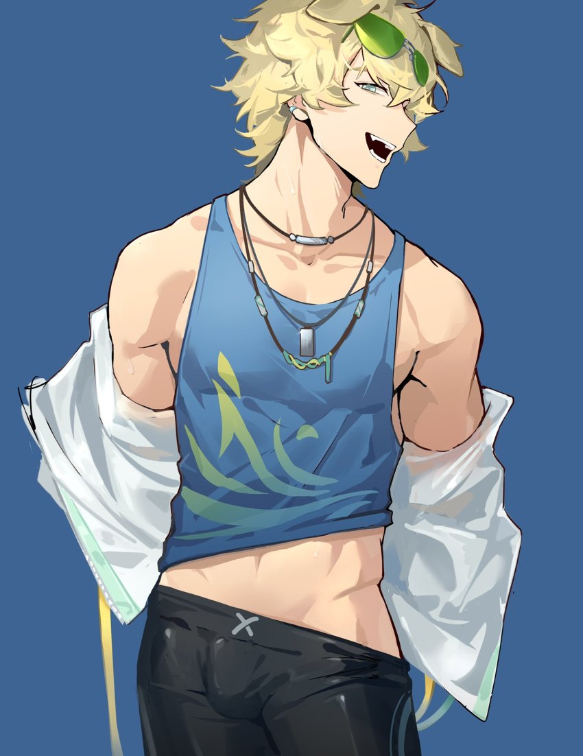 1boy, animal_ears, arknights, black_jammers, black_male_swimwear, blonde_hair, blue_eyes, blue_tank_top