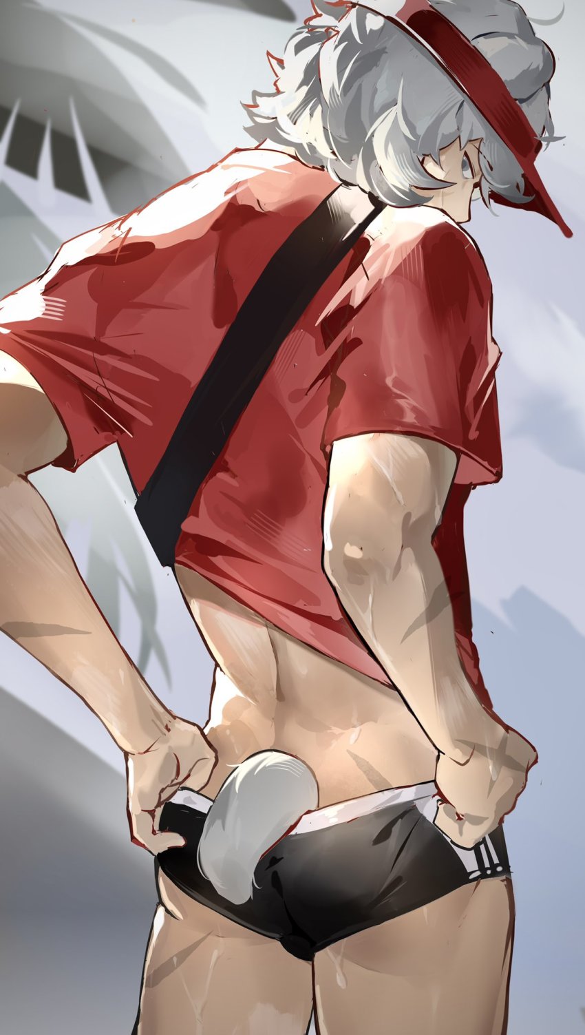 1boy, adjusting_clothes, animal_ears, arknights, ass, back, bear_boy, bear_ears