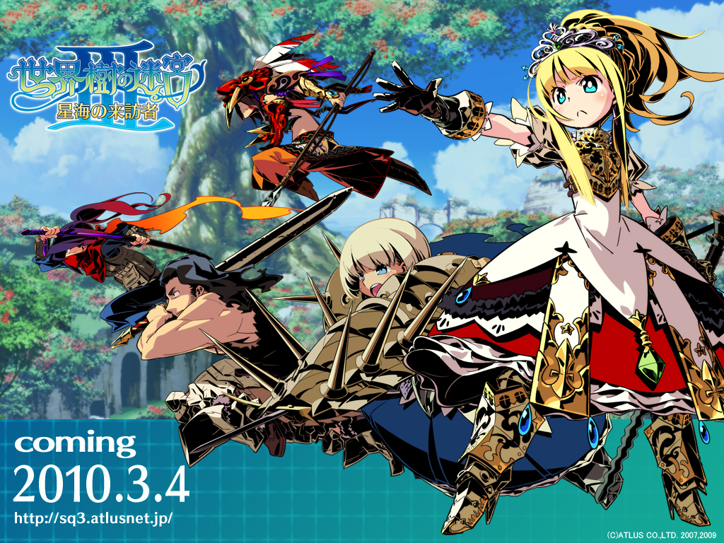 2girls, 3boys, armor, atlus, beast_king_(sekaiju), blonde_hair, blue_eyes, etrian_odyssey