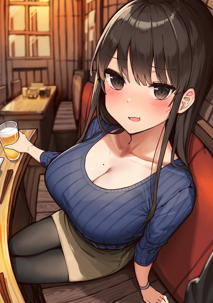 1girl, alcohol, arm_support, beer, black_pantyhose, blue_sweater, blunt_bangs, blurry