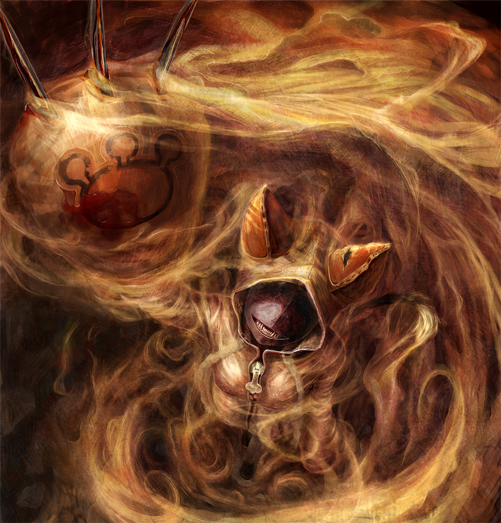 1girl, animal_ears, arc_system_works, blazblue, blood, bone, bubble_head_nurse, cat_ears, cosplay, creepy, crossover, female_focus, grin, horror_(theme), ryu_(gaquarium), silent_hill, silent_hill_(series), silent_hill_2, smile, solo, taokaka, taokaka_(cosplay), teeth, walkalone