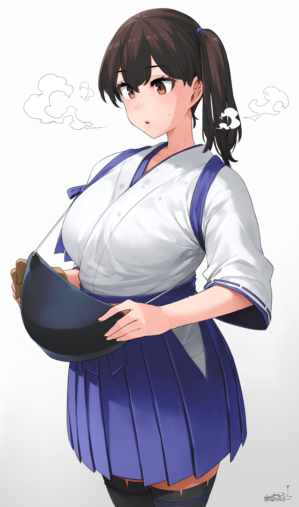 1girl, artist_name, black_thighhighs, blue_hakama, breasts, brown_eyes, brown_hair, commentary_request, cosplay, cowboy_shot, dated, gradient_background, grey_background, hair_between_eyes, hakama, hakama_skirt, highres, holding, japanese_clothes, kaga_(kancolle), kaga_(kancolle)_(cosplay), kantai_collection, large_breasts, long_hair, mitsuba_minoru, muneate, muneate_removed, parted_lips, side_ponytail, simple_background, skirt, solo, sweat, tasuki, thighhighs, white_background