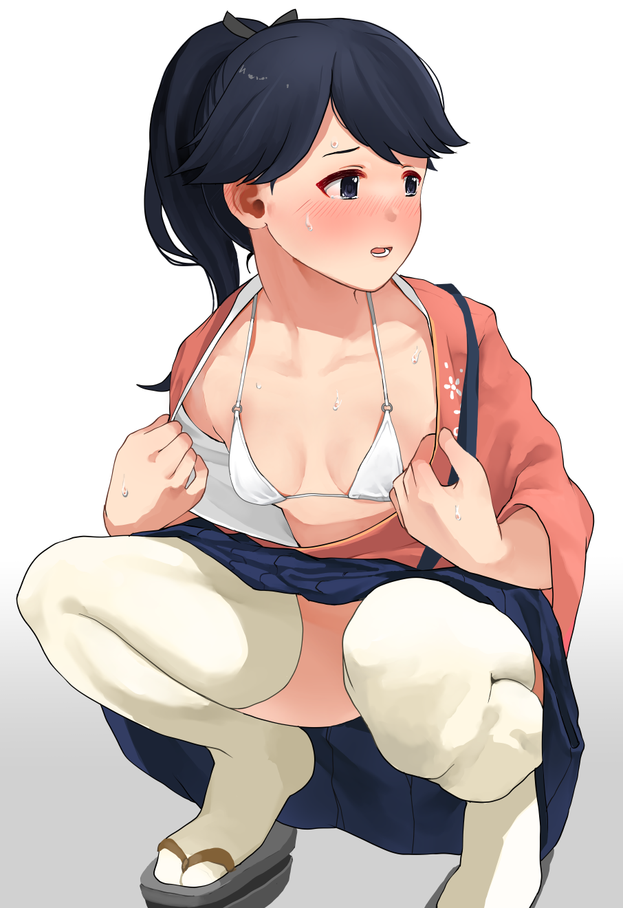 1girl, bikini, black_hair, black_hakama, breasts, geta, green_eyes, hakama