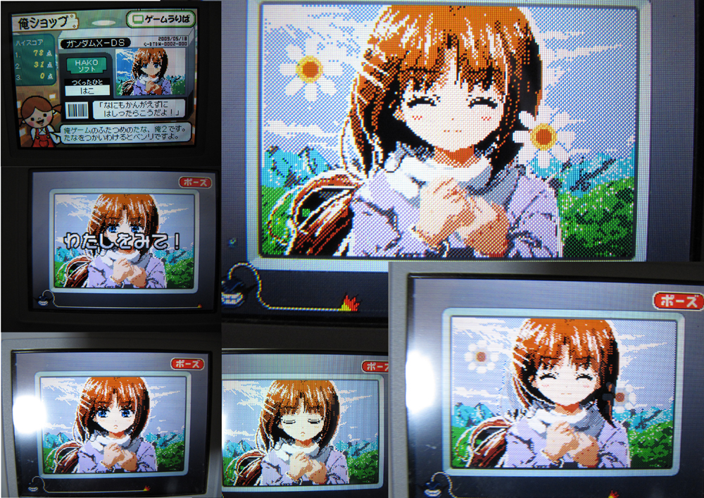 1girl, after_war_gundam_x, blue_eyes, brown_hair, multiple_expressions, flower, game_console, gundam