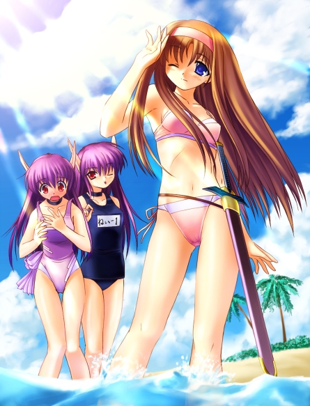 3girls, alis_landale_(ps1), alisa_landeel, bandeau_bikini, beach, bikini, blue_eyes, blush, brown_hair, choker, cloud, day, horns, in-franchise_crossover, long_hair, multiple_girls, na-ga, name_tag, nei, neifirst, one-piece_swimsuit, one_eye_closed, orange_hair, outdoors, palm_tree, phantasy_star, phantasy_star_i, phantasy_star_ii, pointy_ears, purple_hair, red_eyes, red_hair, ribbon, school_swimsuit, sega, shading_eyes, sheath, side-tie_bikini_bottom, sky, smile, sunlight, swimsuit, sword, thigh_gap, thighs, tree, very_long_hair, wading, water, weapon, wink