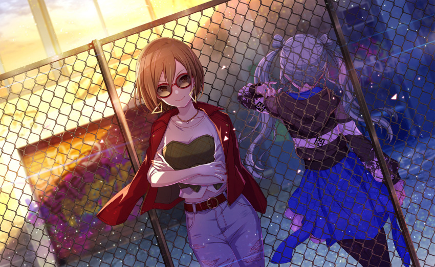 2girls, aqua_hair, arm_at_side, back-to-back, belt, belt_buckle, black_jacket, black_legwear