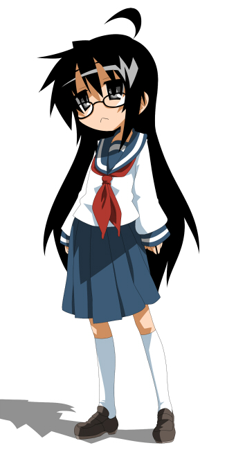 ahoge, black_eyes, black_hair, frown, glasses, izumi_konata, kitahara_aya, kurokona