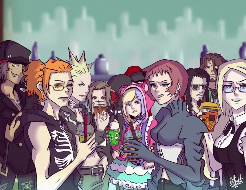 3girls, 6+boys, 777_(subarashiki_kono_sekai), atarashi_coco, baseball_cap, bj_(subarashiki_kono_sekai), blonde_hair, blue_eyes