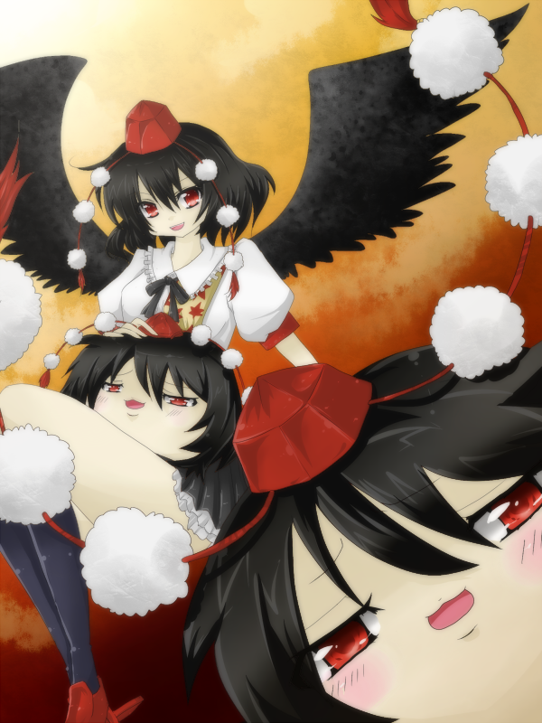1girl, black_hair, female_focus, geta, hat, kurageu, red_eyes, shameimaru_aya