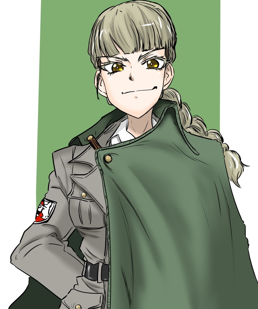 1girl, absurdres, arms_behind_back, belt, blonde_hair, blunt_bangs, bonple_(emblem), bonple_military_uniform