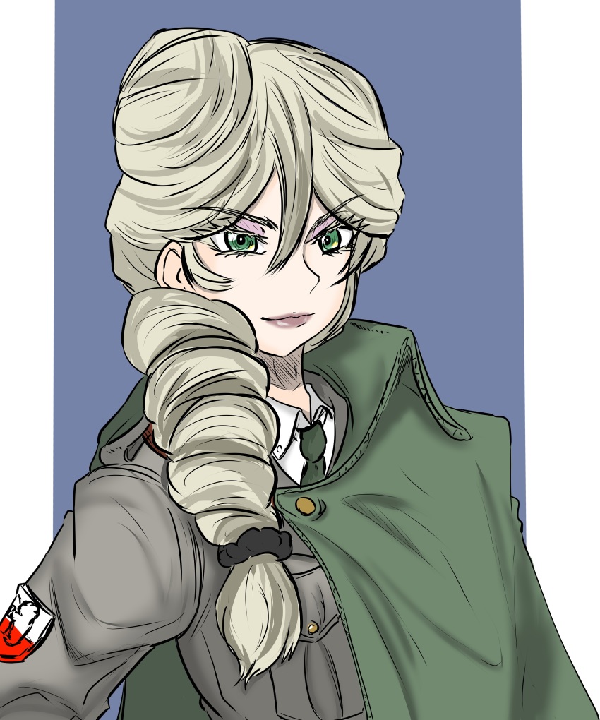 1girl, absurdres, blonde_hair, bonple_(emblem), bonple_military_uniform, braid, brown_jacket, capelet