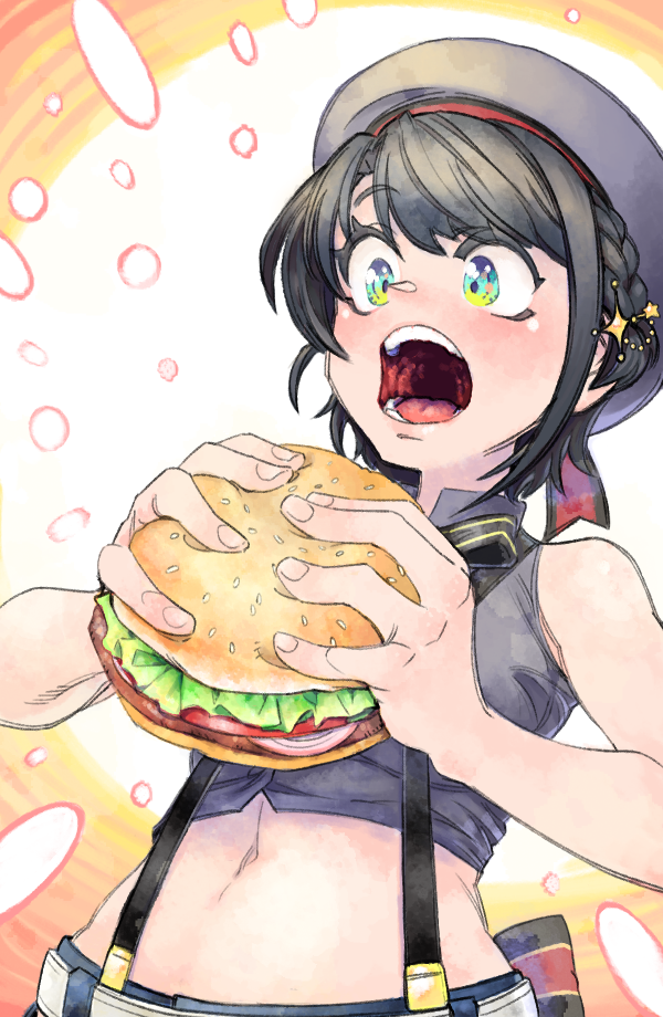 1girl, beret, black_hair, blouse, burger, chales28ho, cropped_shirt, food, green_eyes, grey_hat, grey_shirt, hat, holding, holding_food, hololive, looking_down, navel, oozora_subaru, oozora_subaru_(suspenders), open_mouth, shirt, short_hair, sleeveless, sleeveless_shirt, solo, sparkle_hair_ornament, striped_clothes, striped_shirt, suspenders, upper_body, vertical-striped_clothes, vertical-striped_shirt, virtual_youtuber
