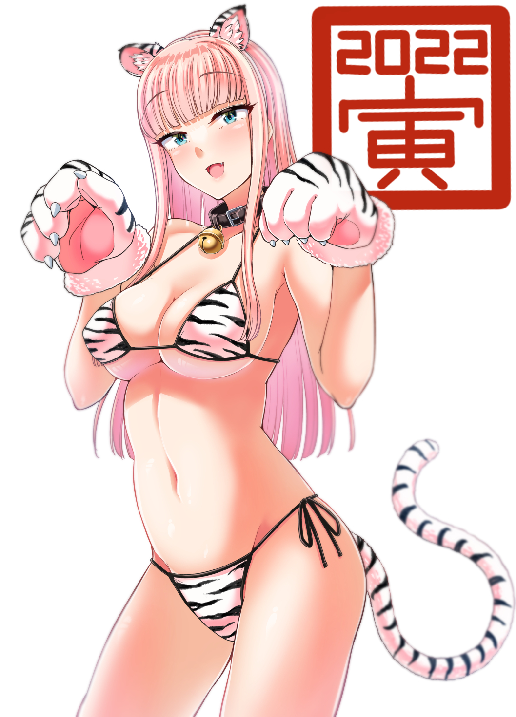 1girl, 2022, animal_costume, animal_ears, animal_hands, animal_print, bell, bikini
