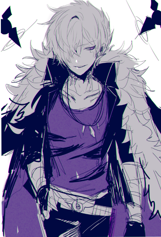 1boy, add_(elsword), coat, coat_on_shoulders, doom_bringer_(elsword), elsword, fur-trimmed_jacket, fur_trim, hair_over_one_eye, jacket, loble, purple_shirt, scar, scar_across_eye, scar_on_face, shirt, solo, white_hair