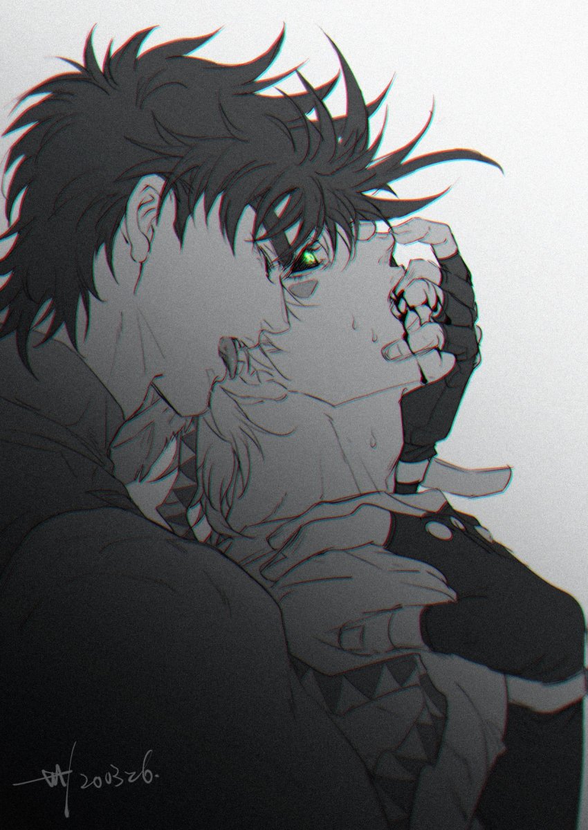 2boys, battle_tendency, biting, black_blood, black_sclera, blood, caesar_anthonio_zeppeli, colored_blood