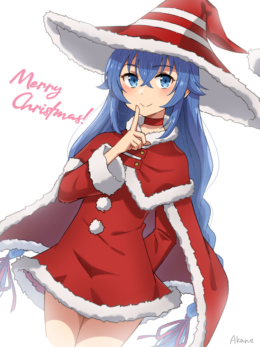 1girl, absurdres, akane_(akanene928), arm_behind_back, artist_name, bare_legs, blue_eyes, blue_hair, blush, braid, cape, capelet, closed_mouth, cowboy_shot, dress, dutch_angle, finger_to_mouth, fur-trimmed_cape, fur-trimmed_capelet, fur-trimmed_dress, fur-trimmed_headwear, fur-trimmed_sleeves, fur_trim, hair_between_eyes, hair_ribbon, hat, highres, index_finger_raised, long_hair, long_sleeves, looking_at_viewer, merry_christmas, mushoku_tensei, red_cape, red_capelet, red_dress, red_hat, red_ribbon, ribbon, roxy_migurdia, santa_costume, short_dress, shushing, simple_background, smile, solo, standing, twin_braids, twintails, very_long_hair, white_background, witch_hat