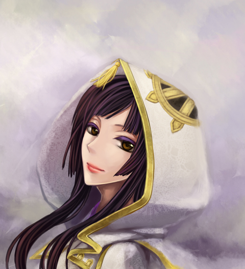 1girl, aya_(sengoku_musou), black_hair, brown_eyes, female_focus, gradient_background, hood, long_hair