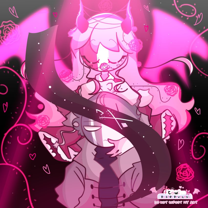 1boy, 1girl, absurdres, black_background, black_dress, black_horns, blue_shirt, buttons