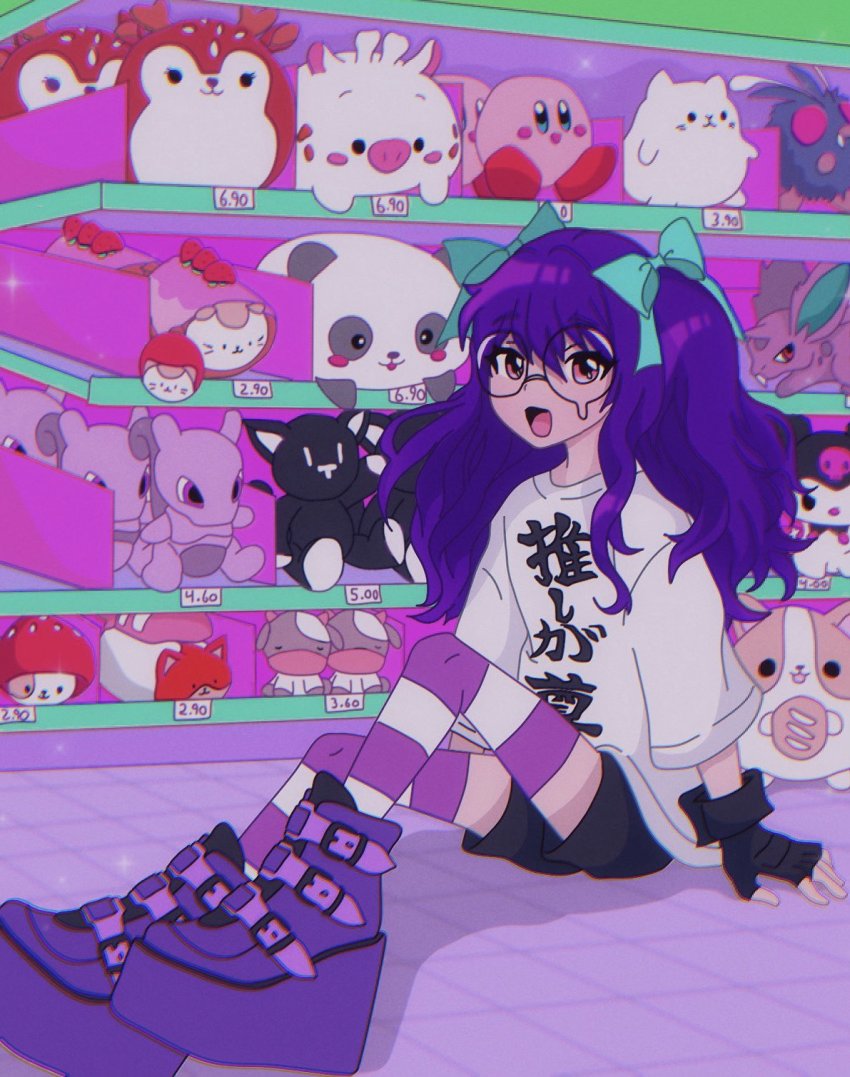 1girl, aqua_ribbon, black_shorts, boots, brown_hair, character_doll, character_request, copyright_request