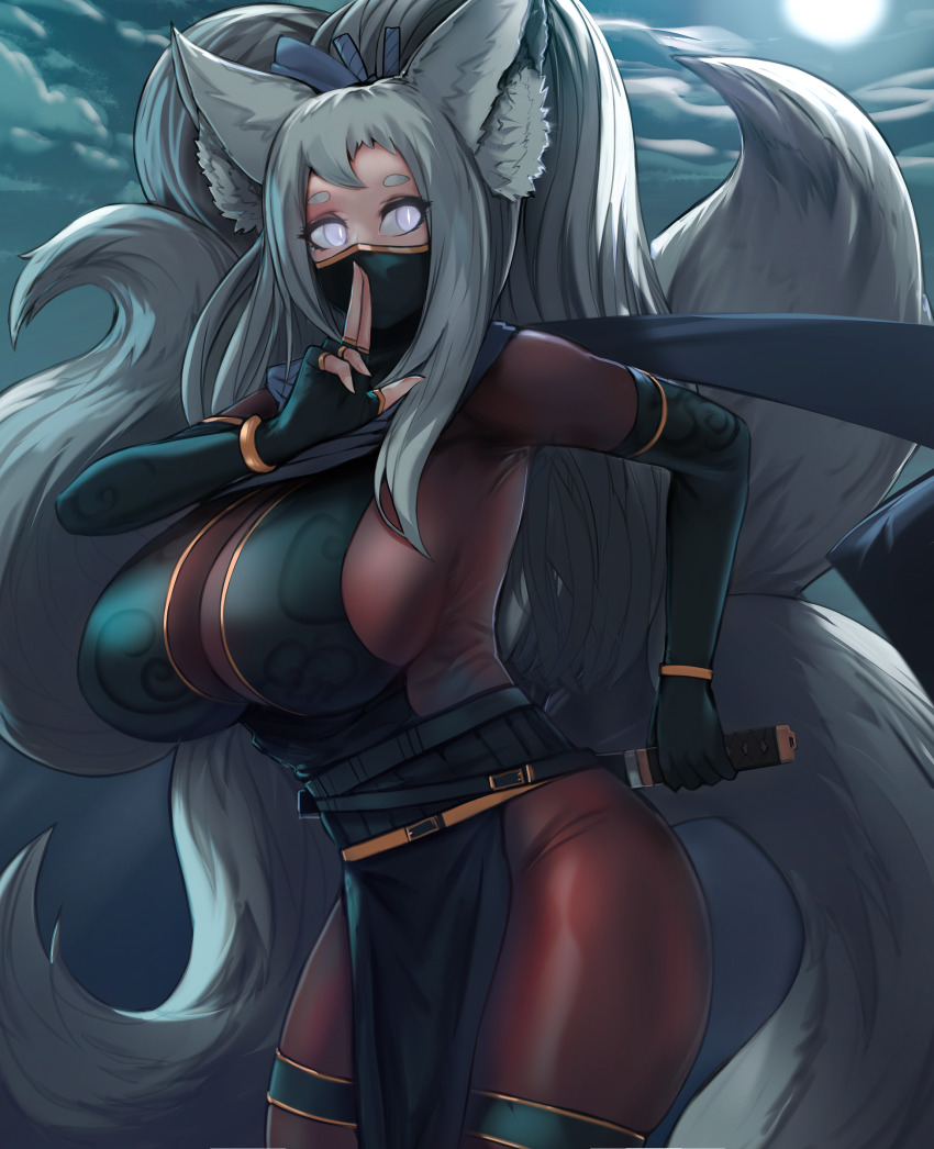 1girl, absurdres, animal_ear_fluff, animal_ears, asagiri_(coc2), big_hair, black_gloves, bodystocking, breasts, corruption_of_champions, corruption_of_champions_2, cowboy_shot, ehrrr, elbow_gloves, finger_to_mouth, fingerless_gloves, fox_ears, fox_tail, full_moon, gloves, grey_hair, hand_up, highres, holding, holding_sword, holding_weapon, huge_breasts, katana, looking_at_viewer, mask, moon, mouth_mask, multiple_tails, night, ninja, ninja_mask, outdoors, pelvic_curtain, ponytail, purple_eyes, shushing, slit_pupils, solo, sword, tail, thigh_strap, weapon
