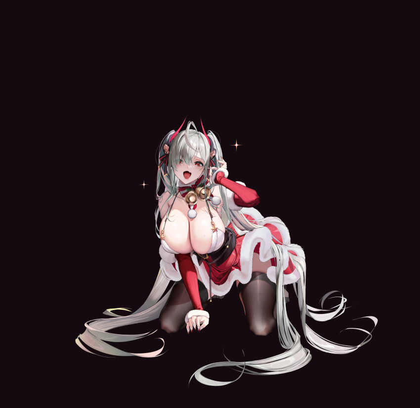 1girl, all_fours, bell, bent_over, breasts, christmas, cleavage, destiny_child, dore_(gilles_dore), fang, grilla, hair_spread_out, hanging_breasts, headgear, highres, kneeling, large_breasts, lingerie, long_hair, naughty_face, neck_bell, open_mouth, panties, playing_with_own_hair, red_eyes, santa_costume, silver_hair, simple_background, skin_fang, smile, solo, thighhighs, thighs, twintails, underwear, very_long_hair, white_thighhighs