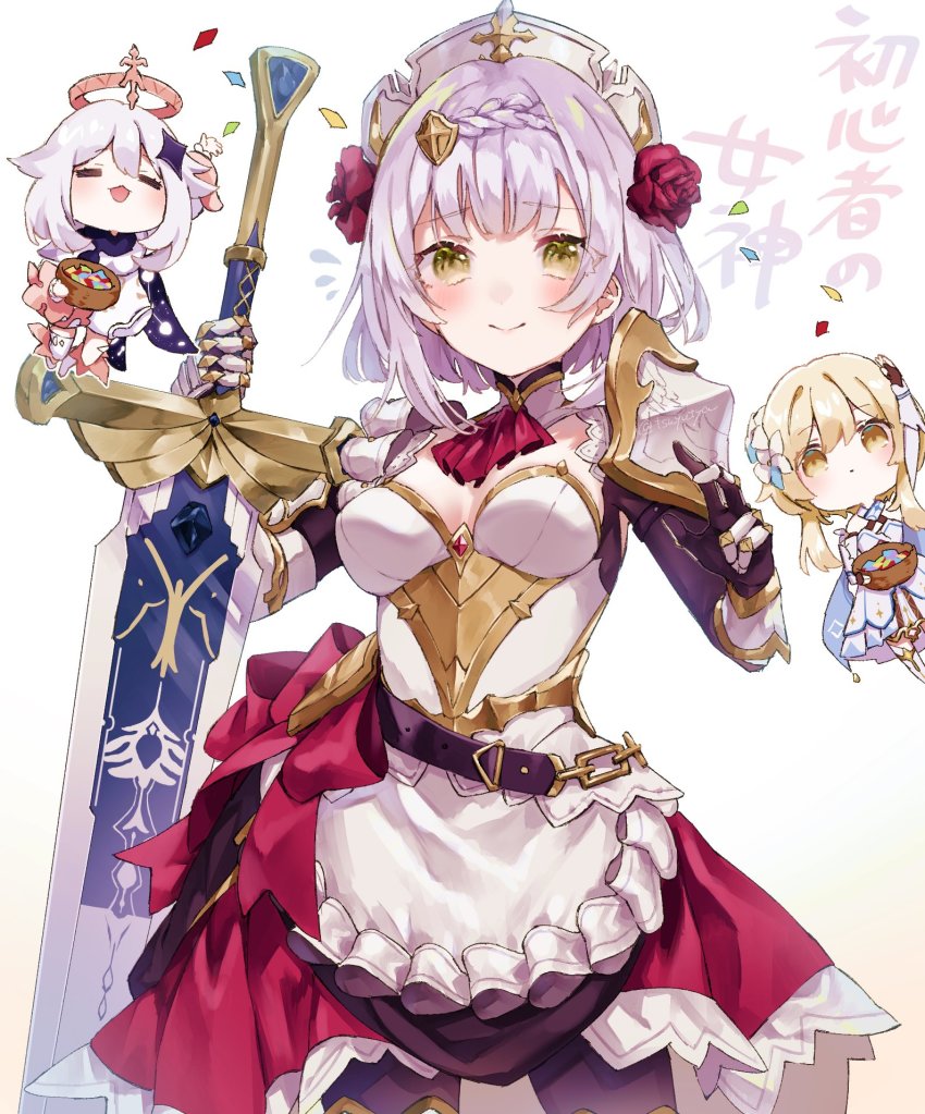 3girls, :3, :d, apron, armor, armored_dress, basket, black_gloves