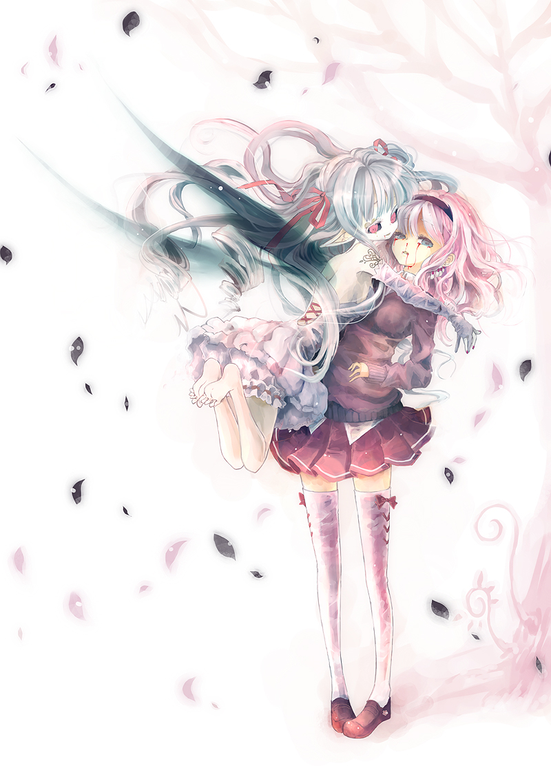 2girls, bad_id, bad_pixiv_id, barefoot, black_sclera, blood, bloody_tears, colored_sclera