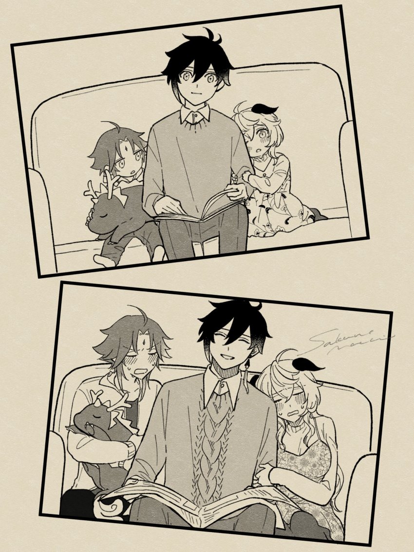 1girl, 2boys, ahoge, alternate_costume, breasts, collared_shirt, couch, dress