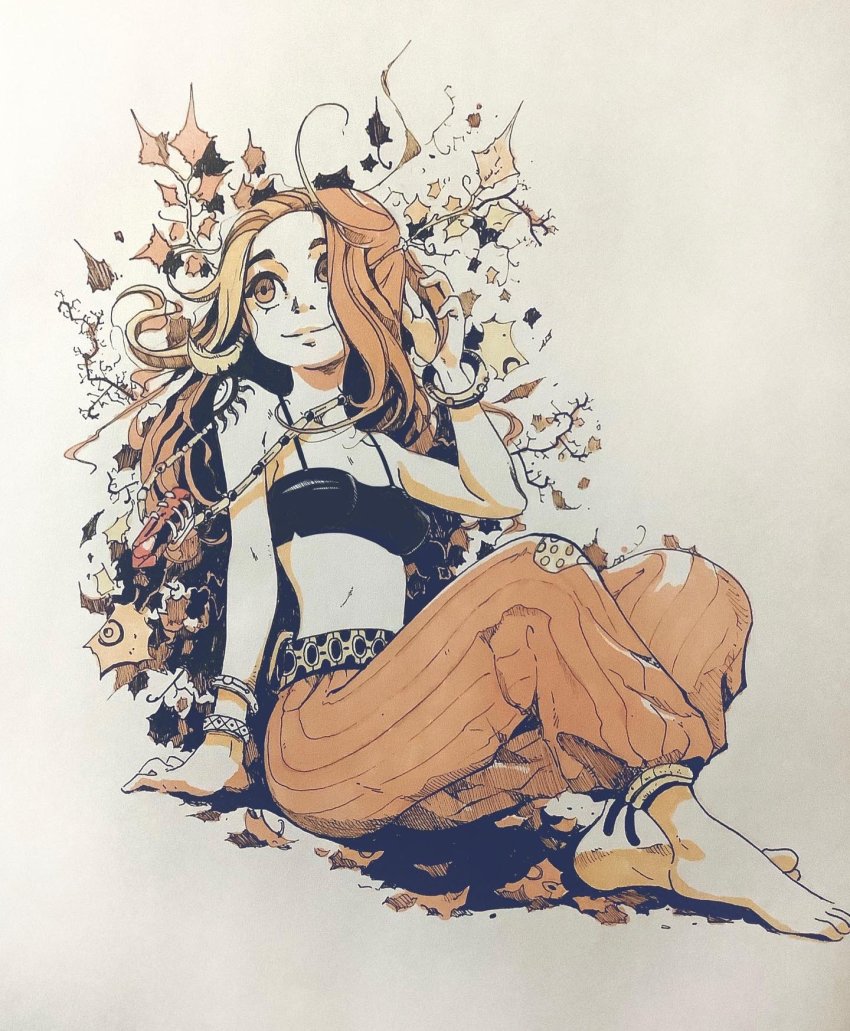 1girl, barefoot, bikini, black_bikini, bracelet, commentary, drawing, english_text, highres, ink, inking, jewelry, long_hair, looking_up, midriff, moonshen_timojim, navel, original, sitting, solo, swimsuit, tattoo