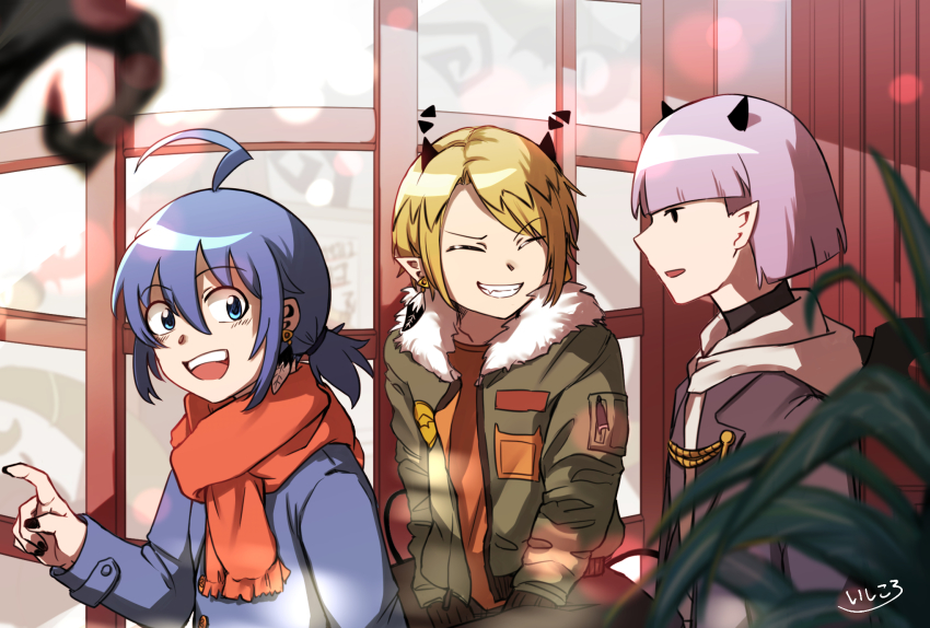 3boys, ahoge, black_eyes, black_nails, blonde_hair, blunt_bangs, blurry, blurry_foreground