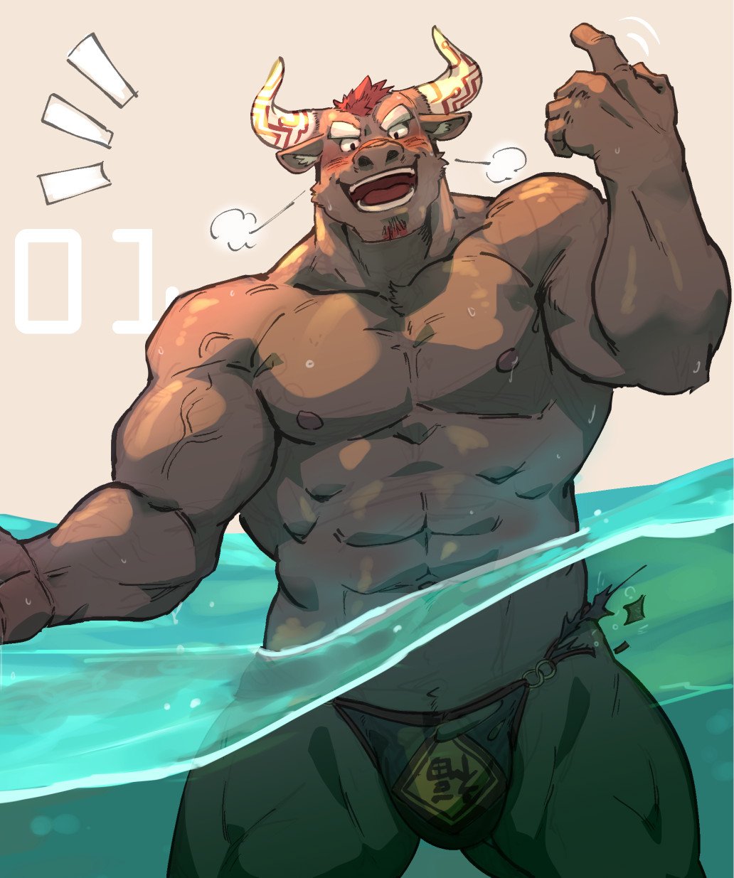 1boy, abs, animal_ears, bara, beckoning, black_male_swimwear, blush, breath, brown_fur, bulge, come_hither, cow_ears, cow_horns, cowboy_shot, facial_hair, furry, furry_male, goatee, gyumao_(housamo), highres, horns, large_pectorals, looking_at_viewer, male_focus, male_swimwear, mature_male, minotaur, mohawk, muscular, muscular_legs, muscular_male, navel, navel_hair, partially_submerged, pectorals, red_hair, short_hair, smile, solo, stomach, swim_briefs, thighs, tokyo_houkago_summoners, topless_male, zoyu_(wuedti)